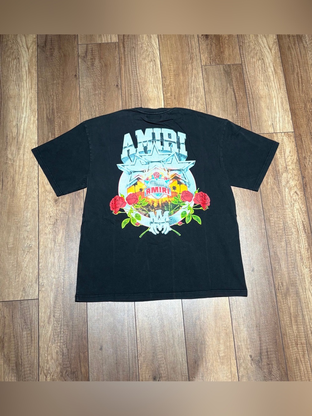 Amiri Mens Black Tee shirt with Blue Logo and Roses Design Size Small